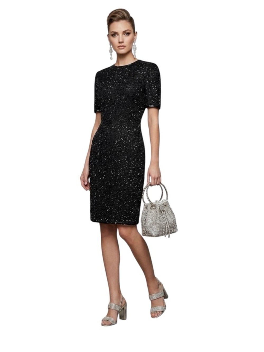 Vintage A.J. Bari Black Beaded Silk Cocktail Dress Size 4 – Short Sleeve Bodycon